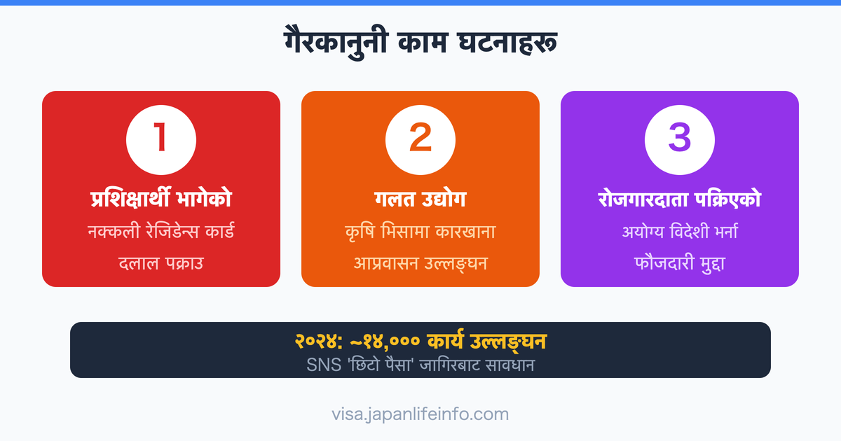 जापानमा गैरकानूनी रोजगारी पत्ता लागेका वास्तविक घटनाहरू